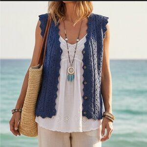 VTG NEW Crochet Knit Vest 2X Boho Button-Front Sleeveless Cardi Blue Silk Cotton
